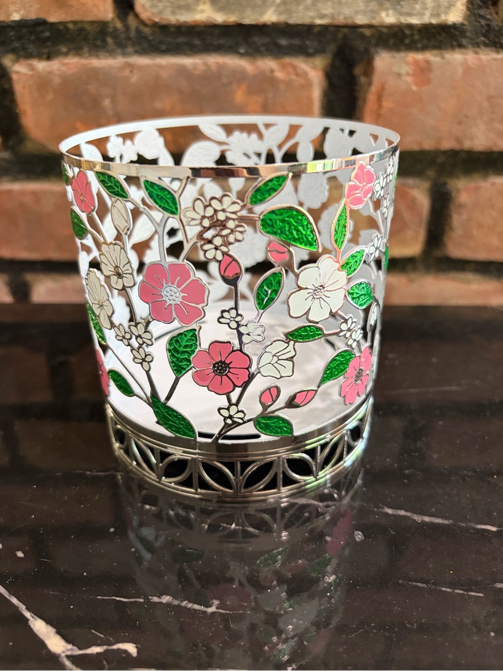 Bath and Body Works Floral Cutout Metal Candle Holder - Pink & Green